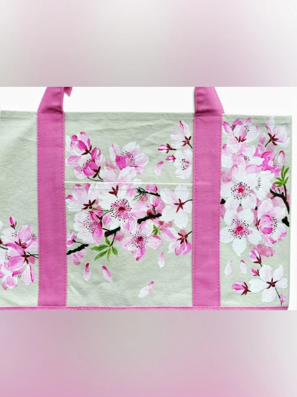Hand Painted Cherry Blossom Sakura Tote Bag Pink Canvas Large‎ Tote Bag Washable